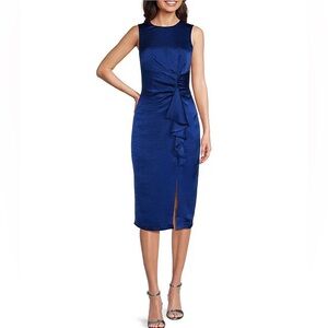 Vince Camuto Satin Tuck Waist Ruffle Skirt Midi Dress Size 10 NWT